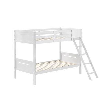 White Littleton Wood Twin Over Twin Bunk Bed by Start2Finish, showing the sturdy wooden frame and ladder in a bright bedroom setting.