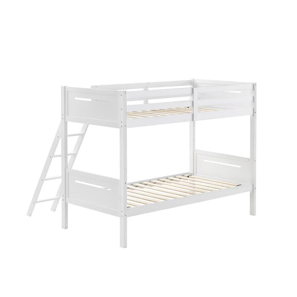 White Littleton Wood Twin over Twin Bunk Bed by Start2Finish with sturdy frame and ladder, suitable for kids&