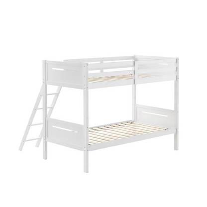White Littleton Wood Twin over Twin Bunk Bed by Start2Finish with sturdy frame and ladder, suitable for kids&