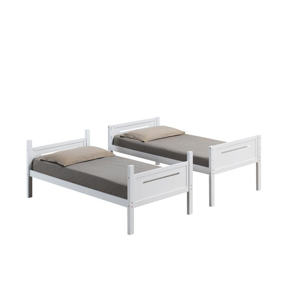 White Littleton Wood Twin Over Twin Bunk Bed by Start2Finish with sturdy frame and ladder for space-saving bedroom furniture.