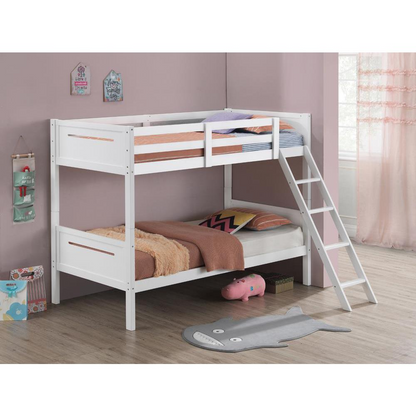White Littleton Wood Twin Over Twin Bunk Bed by Start2Finish showing sturdy wooden frame and ladder in a bright children&