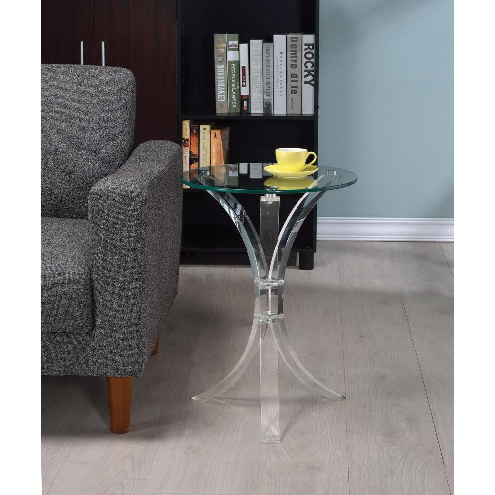 Laning round acrylic side table with clear glass top, modern furniture by Start2Finish, perfect for living room decor.
