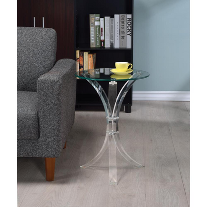 Laning round acrylic side table with clear glass top, modern furniture by Start2Finish, perfect for living room decor.