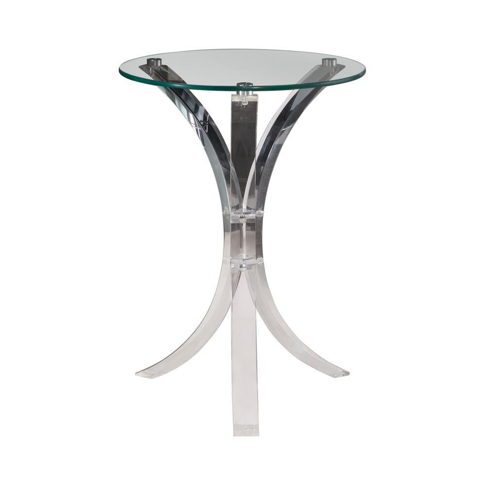 Clear acrylic side table with round glass top, modern furniture piece from Start2Finish for living room or bedroom decor.