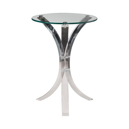 Clear acrylic side table with round glass top, modern furniture piece from Start2Finish for living room or bedroom decor.