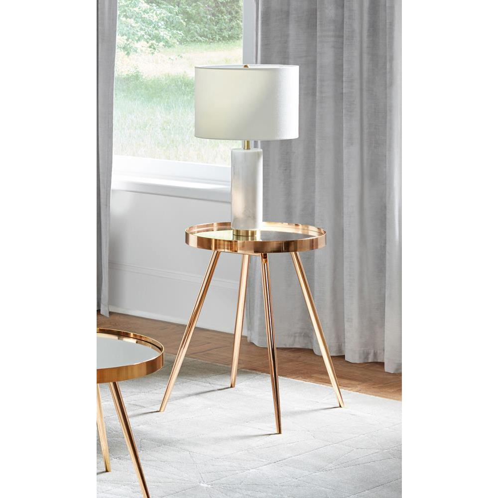 Start2Finish Kaelyn round end table with gold finish and glass top, showcasing a stylish furniture piece for living room decor.