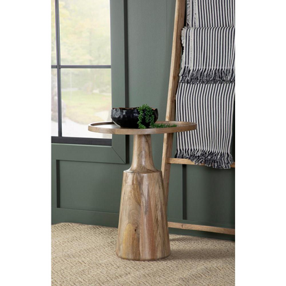 Round solid mango wood accent side table with natural finish, featuring a smooth surface and sturdy design from Start2Finish furniture.