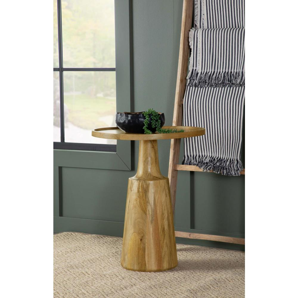 Round solid mango wood accent side table with natural finish, modern furniture piece from Start2Finish.