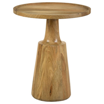 Round solid mango wood accent side table with natural finish, featuring a smooth tabletop and sturdy wooden legs.