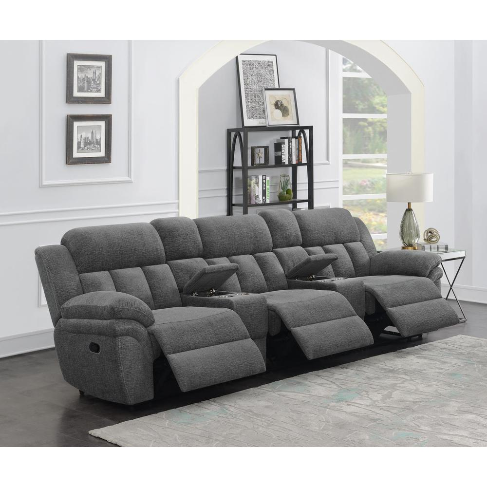 Start2Finish Bahrain 5-piece upholstered home theater seating set in charcoal fabric, showing plush cushions and modern design.