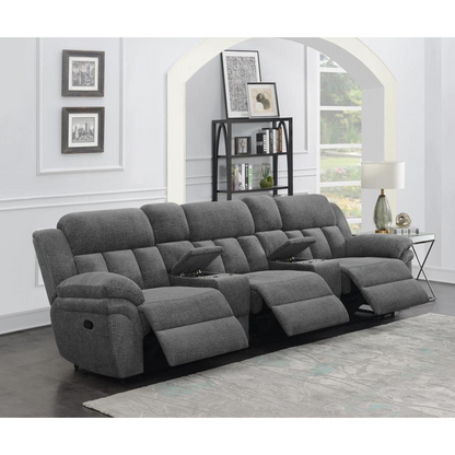 Start2Finish Bahrain 5-piece upholstered home theater seating set in charcoal fabric, showing plush cushions and modern design.