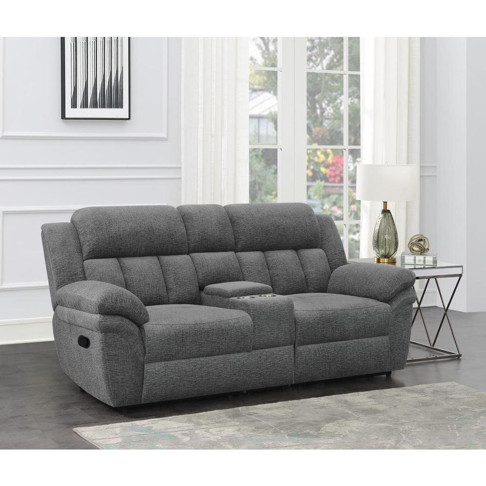 Bahrain upholstered motion loveseat in charcoal fabric by Start2Finish, showing plush cushions and reclining armrests.