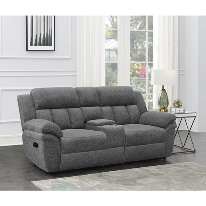 Bahrain upholstered motion loveseat in charcoal fabric by Start2Finish, showing plush cushions and reclining armrests.