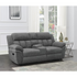 Bahrain upholstered motion loveseat in charcoal fabric by Start2Finish, showing plush cushions and reclining armrests.