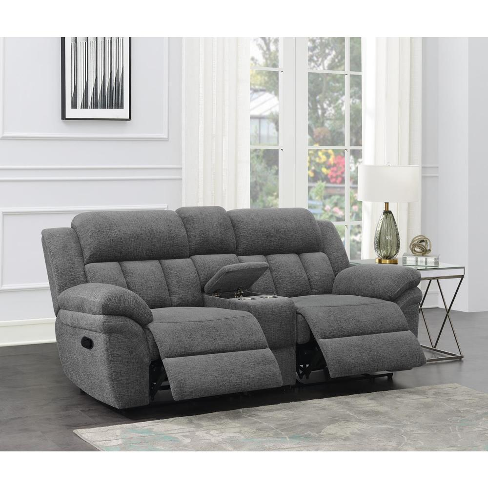 Start2Finish Bahrain upholstered motion loveseat in charcoal fabric, featuring plush cushioning and modern design for comfortable seating.
