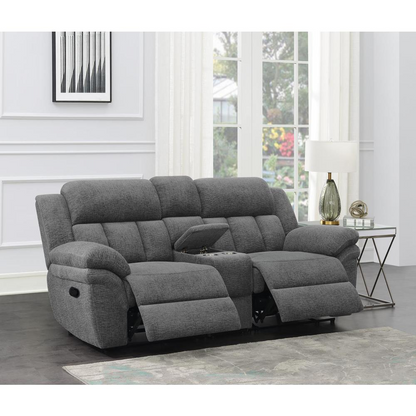 Start2Finish Bahrain upholstered motion loveseat in charcoal fabric, featuring plush cushioning and modern design for comfortable seating.