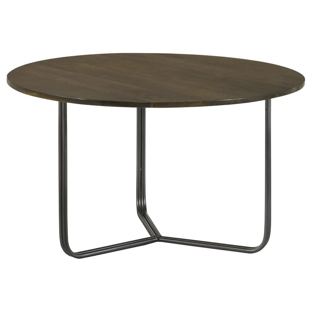 Yaritza round coffee table with natural mango wood top and gunmetal metal legs, modern style, by Start2Finish.