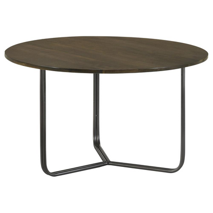Yaritza round coffee table with natural mango wood top and gunmetal metal legs, modern style, by Start2Finish.