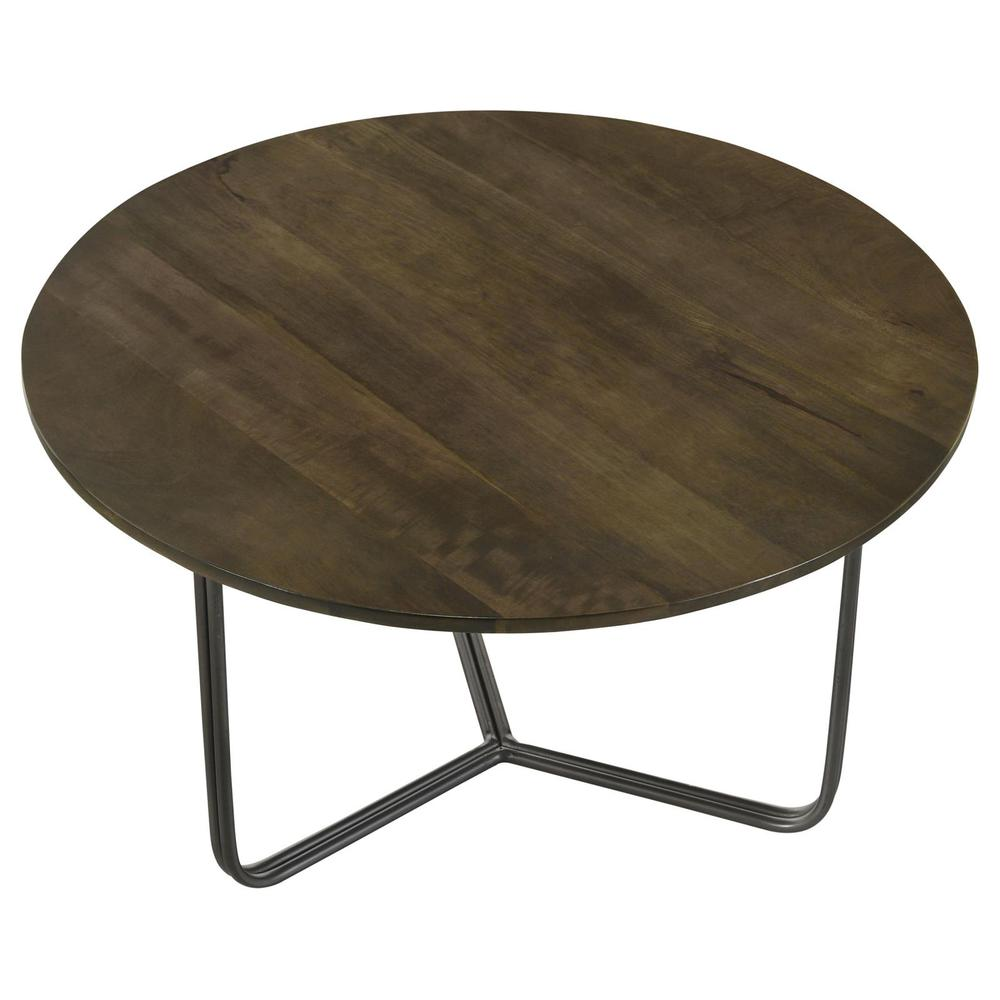 Yaritza round coffee table with mango wood top and gunmetal legs, natural finish, modern design, by Start2Finish