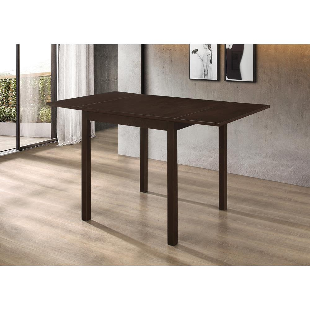 Start2Finish Kelso 52-inch rectangular extension dining table in cappuccino wood finish, with extended leaf and smooth surface.