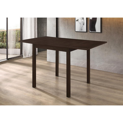 Start2Finish Kelso 52-inch rectangular extension dining table in cappuccino wood finish, with extended leaf and smooth surface.
