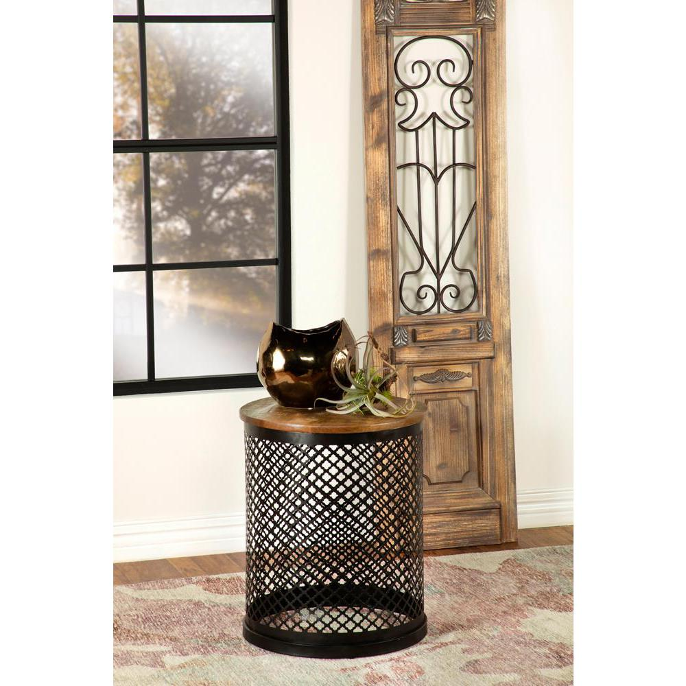 Start2Finish Aurora round drum-shaped side table with natural wood top and black metal base for modern living room decor.
