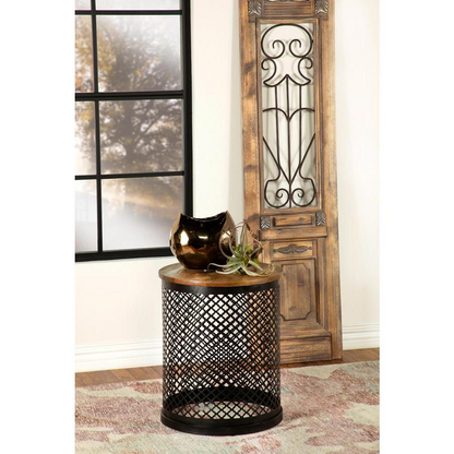 Start2Finish Aurora round drum-shaped side table with natural wood top and black metal base for modern living room decor.