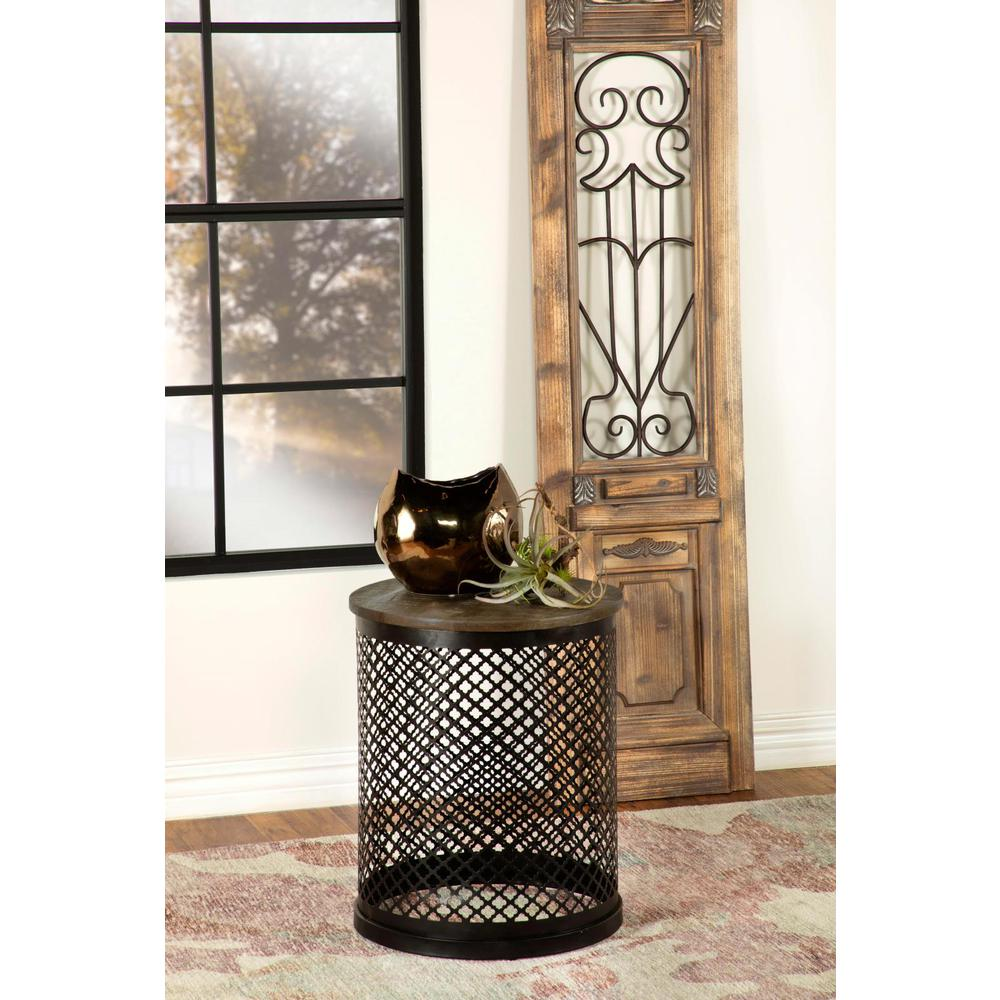 Start2Finish Aurora round drum base accent side table in natural wood and black finish, with a modern cylindrical design.