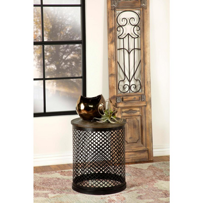 Start2Finish Aurora round drum base accent side table in natural wood and black finish, with a modern cylindrical design.