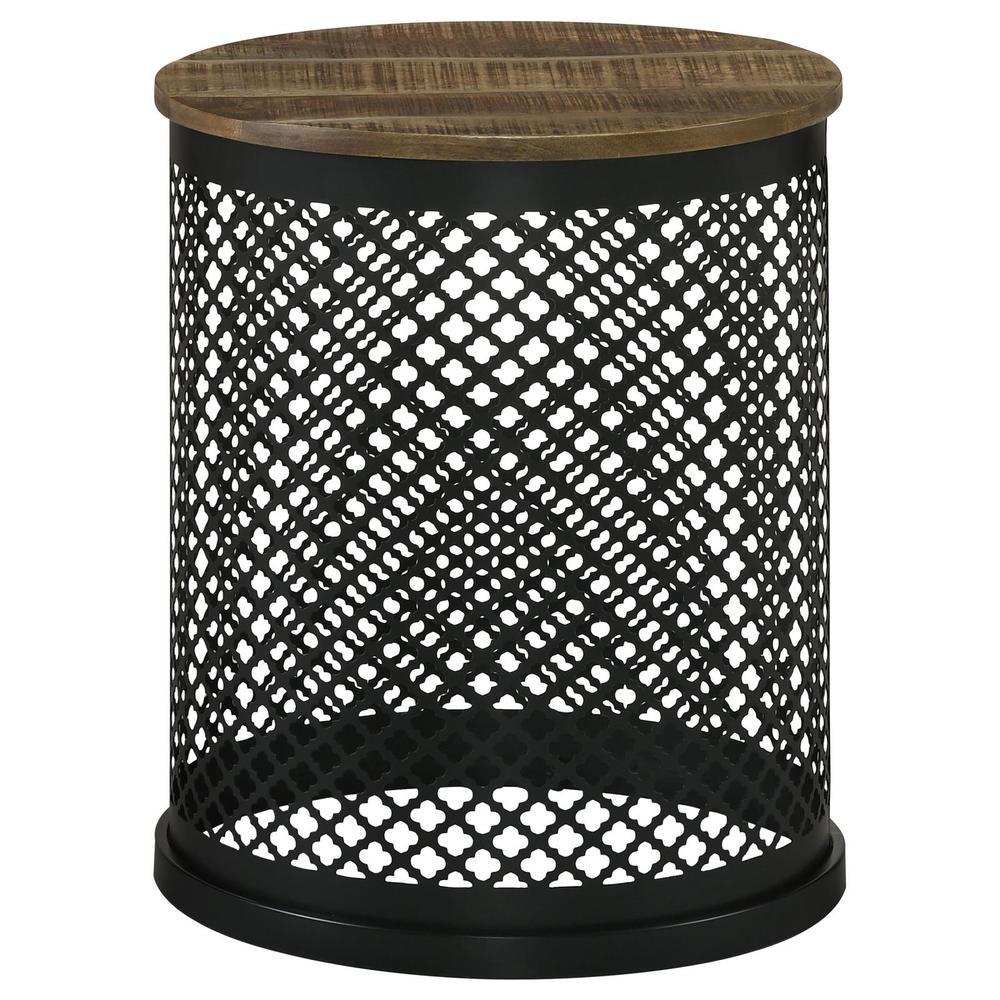 Aurora round drum base accent side table by Start2Finish in natural wood and black finish, modern furniture with a sleek design.