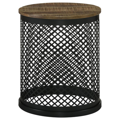 Aurora round drum base accent side table by Start2Finish in natural wood and black finish, modern furniture with a sleek design.