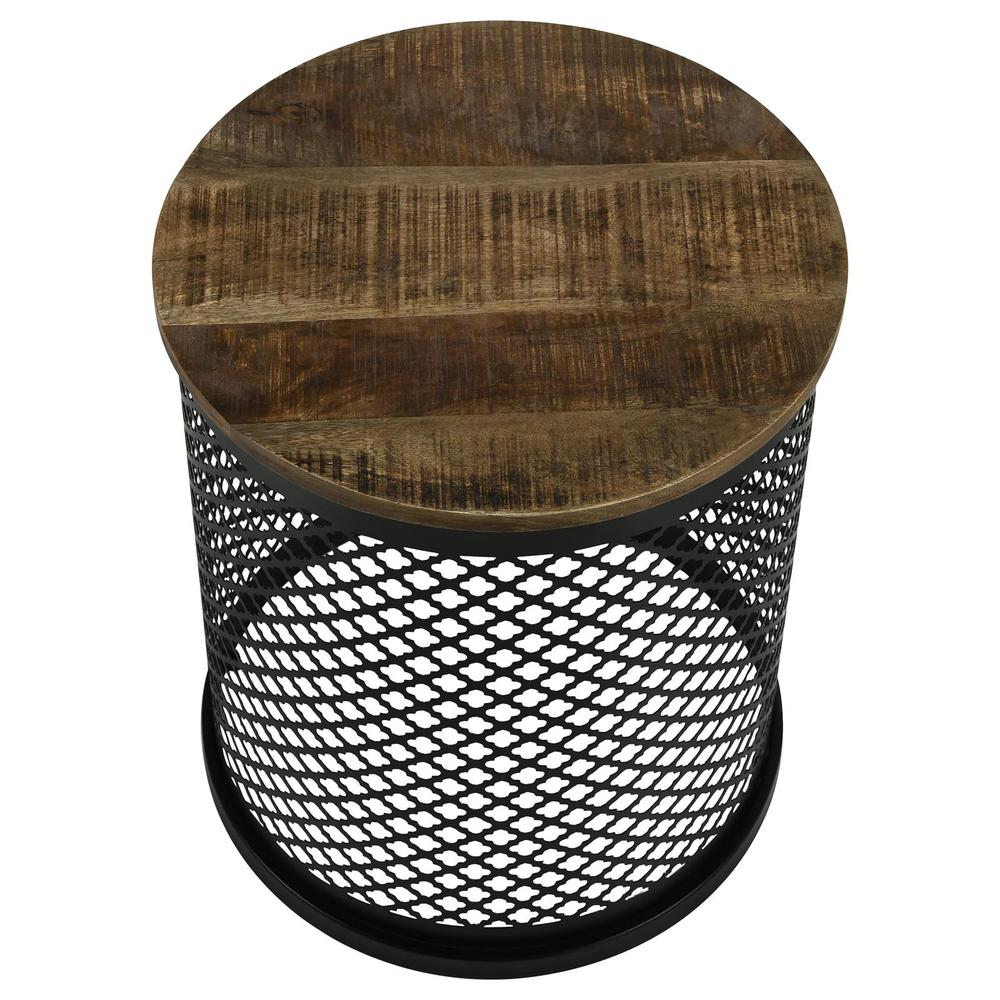 Start2Finish Aurora round drum base accent side table with natural wood top and black metal base, modern furniture for living space.