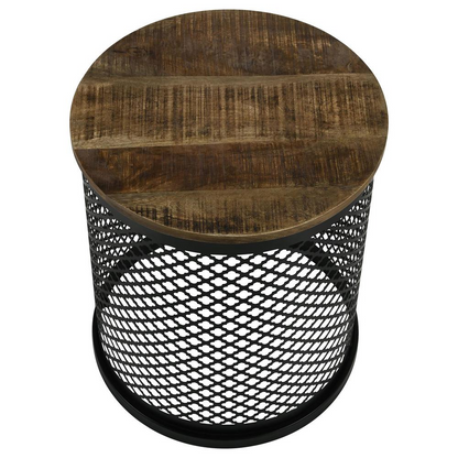 Start2Finish Aurora round drum base accent side table with natural wood top and black metal base, modern furniture for living space.