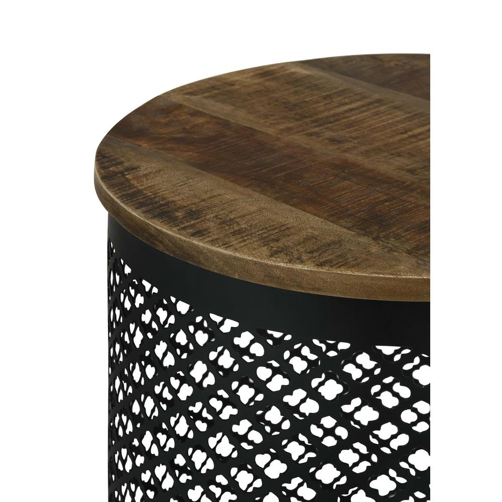 Start2Finish Aurora round drum base accent side table in natural wood and black finish, showcasing its modern design.