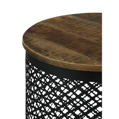 Start2Finish Aurora round drum base accent side table in natural wood and black finish, showcasing its modern design.