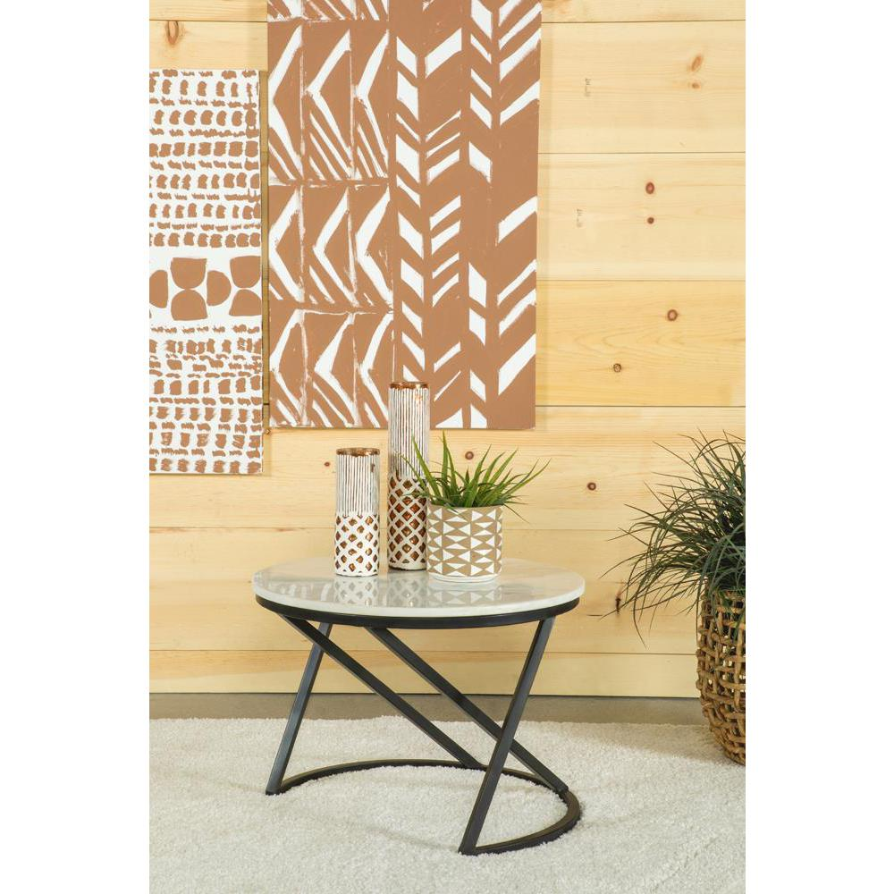 Start2Finish Miguel round marble top coffee table with white and black finish, modern furniture piece with sleek design.