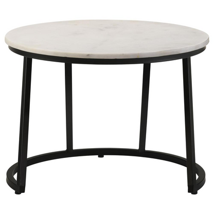 Start2Finish Miguel round coffee table with white and black marble top and wooden legs, modern furniture for living room decor.