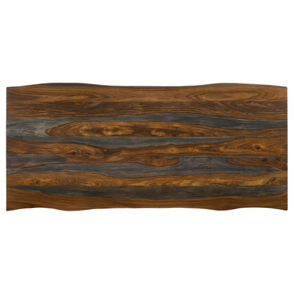 Neve 80-inch grey sheesham live edge dining table by Start2Finish showing the natural wood grain and smooth, polished surface.