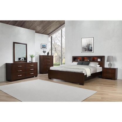 Start2Finish Jessica 4-piece Queen Bedroom Set in cappuccino finish with bed frame, dresser, mirror, and nightstands visible.