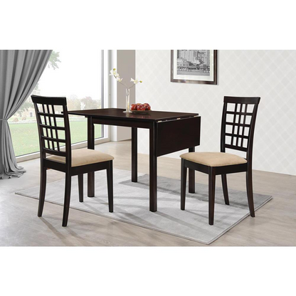 Start2Finish Kelso 3-piece drop leaf dining table set in cappuccino and tan, showing the table with leaf extensions and matching chairs.