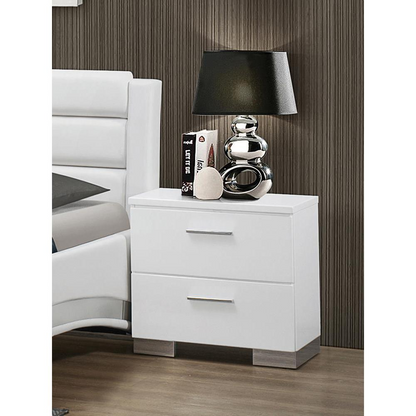 White high gloss Felicity 2-drawer nightstand with sleek design, featuring modern handles and smooth surface.