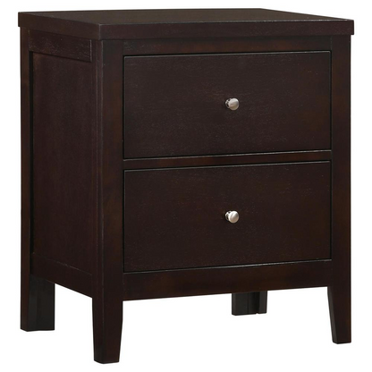 Start2Finish Carlton 2-drawer nightstand in cappuccino finish, showcasing its sleek wood design and modern furniture style.