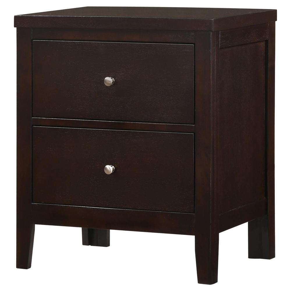 Start2Finish Carlton 2-drawer nightstand in cappuccino finish, showcasing sleek wood furniture with two spacious drawers.