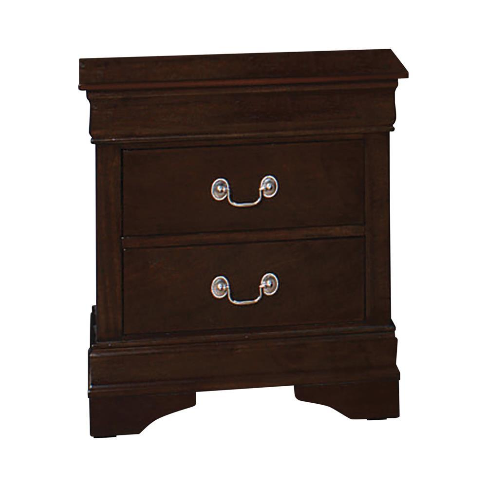 Louis Philippe 2-drawer nightstand in cappuccino finish, modern furniture piece with sleek design and metal handles.