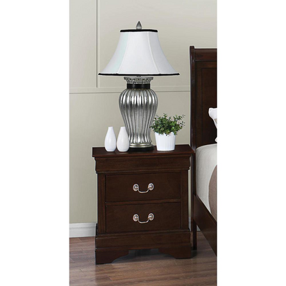 Louis Philippe 2-drawer nightstand in cappuccino finish, wooden furniture with sleek design and metal handles.