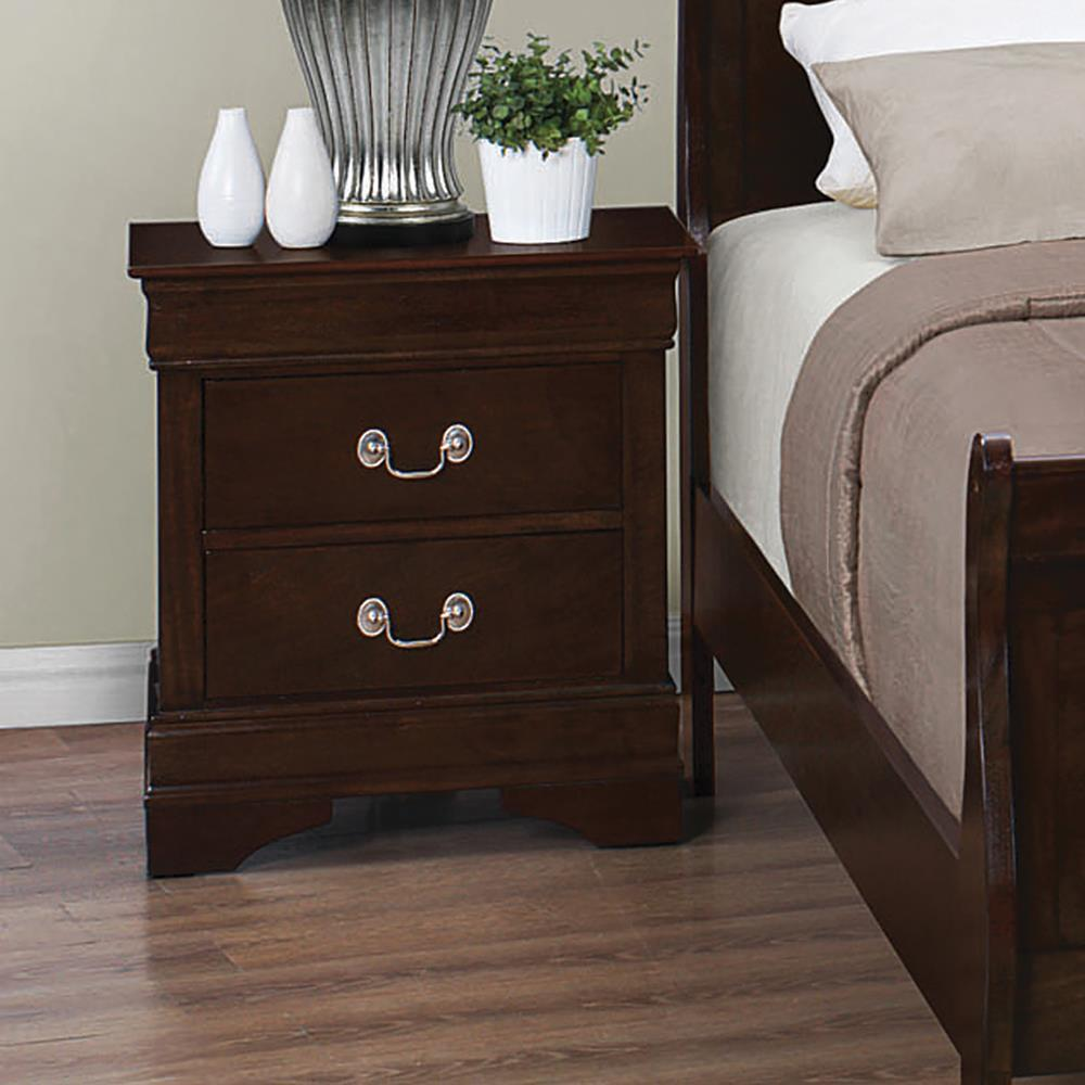 Louis Philippe 2-drawer nightstand in cappuccino finish, wooden furniture piece with sleek design and metal handles.
