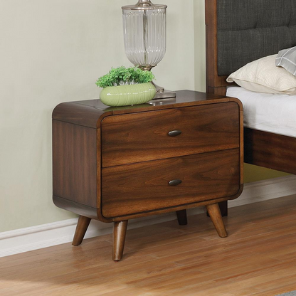 Robyn 2-drawer nightstand by Start2Finish in dark walnut wood with sleek modern design and silver drawer handles.