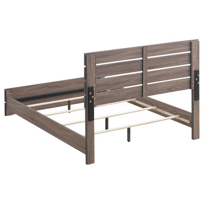 Start2Finish Brantford Wood Queen Panel Bed in Barrel Oak with a classic wooden headboard and frame for a cozy bedroom look.
