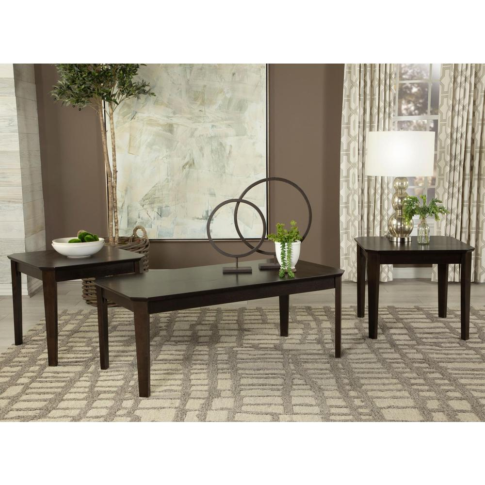 Dark brown Amaro 3-piece coffee and end table set by Start2Finish, featuring modern wood tables with sleek design and sturdy construction.
