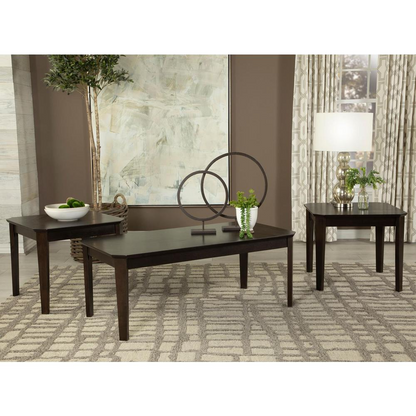 Dark brown Amaro 3-piece coffee and end table set by Start2Finish, featuring modern wood tables with sleek design and sturdy construction.